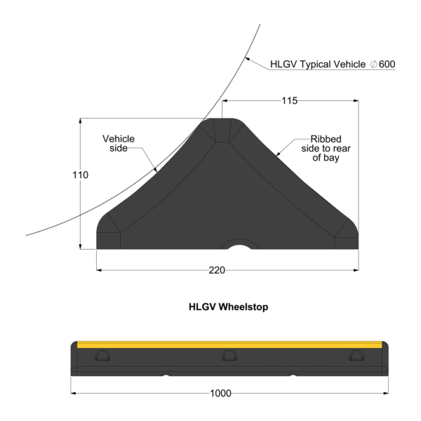 BSP 000878 B HLGV Wheelstop Dimensioned Drawing 2 HLGV Wheel Stops (200mm) - Traffic Safety Control - Lorries & Vans BarrierMart